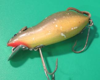 Lot 60. Vintage Heddon 2 3/4" wooden Meadow Mouse with leather ears and tail