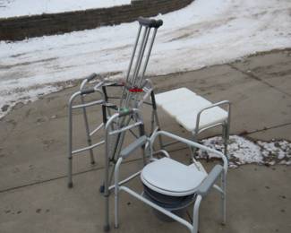 Lot 187. Two walkers, shower chair, crutches, and more