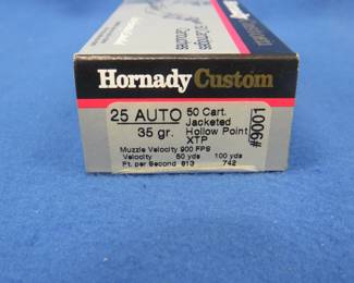Lot 87. Hornady Custom 25 auto. 35-grain JHP. Full box of 50 rounds.