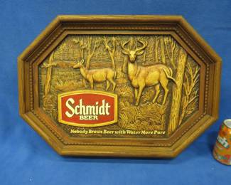 Lot 367. Plastic faux wood-carved Schmidt Beer sign. 22" x 16" x 3"
