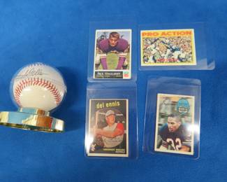 Lot 292. Bob Feller signed baseball and four sports cards including a 1970 OJ Simpson xograph card. (See terms regarding autographs.)