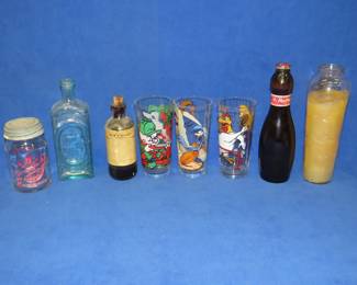 Lot 345. Vintage bottles and glasses including 1976 Pepsi glasses, mayonnaise jar with a 5 cent deposit, Dr. Kilmer's Swamp Root, and more