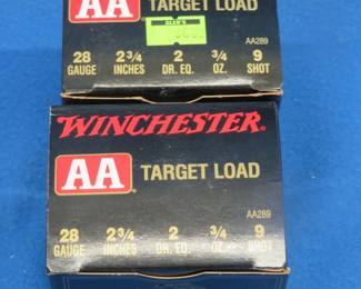 Lot 408. Two boxes (50 total) of Winchester AA 28-gauge {#}9 shotgun shells