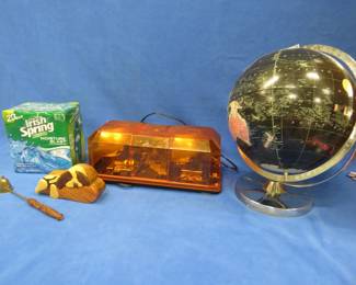 Lot 398. 12-volt Target Tech strobe, Replogle globe, new bars of soap, and more