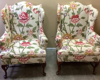 PAIR OF QUEEN ANNE STYLE WING BACK CHAIRS