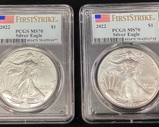 (2) 2022 SILVER EAGLE DOLLARS, FIRST STRIKE, MS70