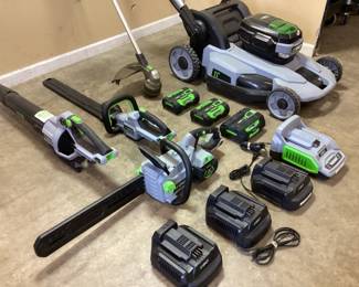 EGO POWER+ LANDSCAPING TOOLS, PUSH MOWER, CHAIN SAW, HEDGER, LEAF BLOWER, WEED EATER, RAPID CHARGER, 3 BATTERIES, 3 CHARGERS