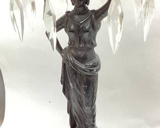 PAIR OF NEO CLASSICAL STYLE CAST METAL GRECIAN LADY LAMPS w FROSTED CUT GLASS GLOBES & DANGLING GLASS PRISMS