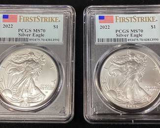 (2) 2022 SILVER EAGLE DOLLARS, FIRST STRIKE, MS70 GRADE