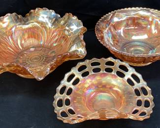 (3) VTG. MARIGOLD CARNIVAL GLASS BOWLS, BASKET WEAVE BOWL, STAR MEDALLION BOWL, SCROLL EMBOSSED BOWL