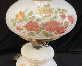 MILK GLASS w ROSES GONE WITH THE WIND HURRICANE PARLOR LAMP, OIL CONVERTED ELECTRIC