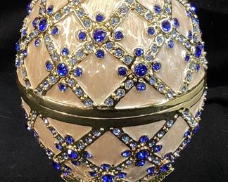 KEREN KOPAL FABERGE STYLE AUSTRALIAN CRYSTAL EGG TRINKET BOX w NAUTICAL SHIP CLOCK
