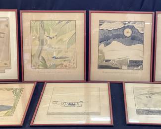 (7) SIGNED FRANK LEMON, WRIGHT AERONAUTICAL SET OF FRAMED LITHOGRAPHS