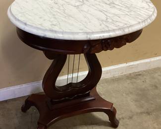 VICTORIAN EMPIRE STYLE MARBLE TOP LYRE PARLOR TABLE