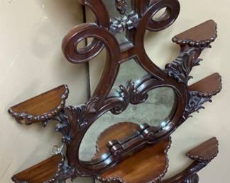 VICTORIAN CARVED MAHOGANY WALL MIRROR ETAGERE