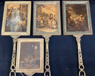 (4) ANTIQUE VICTORIAN VANITY MIRRORS w LITHO ART ON FLIP SIDE