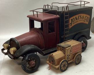 (2) WOOD MODEL TRUCKS, JONES & CO WE MOVE EVERYTHING TRUCK, COCA-COLA MUSIC BOX DELIVERY TRUCK