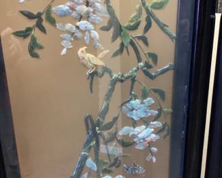 VTG. ASIAN HAND CARVED JADE FLORAL 4 PANEL SCREEN