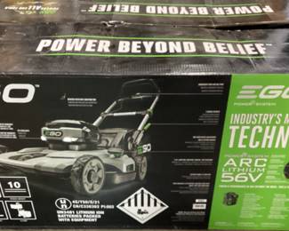 EGO POWER+ LANDSCAPING TOOLS, PUSH MOWER, CHAIN SAW, HEDGER, LEAF BLOWER, WEED EATER, RAPID CHARGER, 3 BATTERIES, 3 CHARGERS