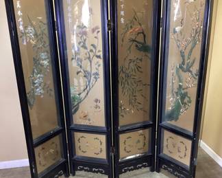 VTG. ASIAN HAND CARVED JADE FLORAL 4 PANEL SCREEN