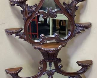VICTORIAN CARVED MAHOGANY WALL MIRROR ETAGERE