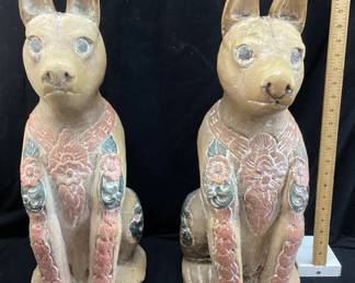 PAIR OF HAND CARVED WOOD ANTHROPOMORPHIC GUARDIAN FIGURES, CHINESE STYLE, HAND PAINTED, 24’’ H