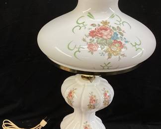 MILK GLASS FLORAL GONE WITH THE WIND HURRICANE LAMP, OIL CONVERTED ELECTRIC