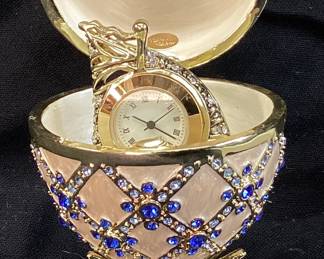 KEREN KOPAL FABERGE STYLE AUSTRALIAN CRYSTAL EGG TRINKET BOX w NAUTICAL SHIP CLOCK