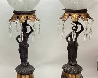 PAIR OF NEO CLASSICAL STYLE CAST METAL GRECIAN LADY LAMPS w FROSTED CUT GLASS GLOBES & DANGLING GLASS PRISMS
