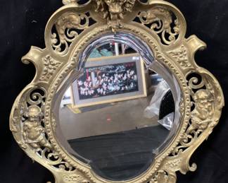 VTG. ORNATE BRASS CHERUB MIRROR
