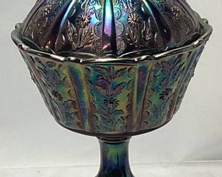 FENTON AMETHYST CARNIVAL GLASS DAISY COMPOTE, 8’’H