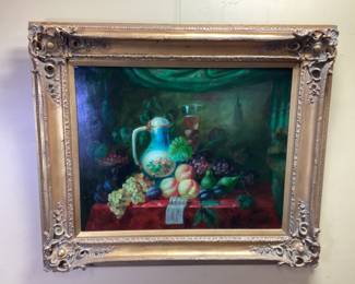 OIL ON CANVAS FRUIT STILL LIFE PAINTING, GOLD ORNATE FRAME