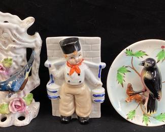 (3) VTG. WALL POCKET PLANTERS, BALTIMORE ORIOLE, DUTCH BOY MADE IN JAPAN, PERCHED BIRD PLANTER TALLEST ONE 6.5’’H