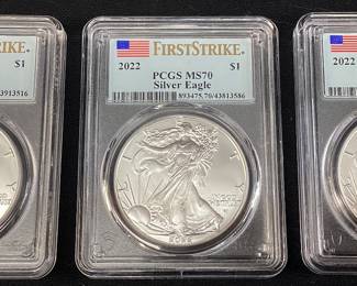 (3) 2022 SILVER EAGLE DOLLARS, FIRST STRIKE, MS70 GRADE