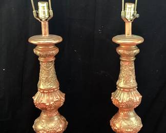 PAIR OF MID CENTURY ITALIAN STYLE CAST METAL & WOOD TABLE LAMPS