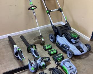 EGO POWER+ LANDSCAPING TOOLS, PUSH MOWER, CHAIN SAW, HEDGER, LEAF BLOWER, WEED EATER, RAPID CHARGER, 3 BATTERIES, 3 CHARGERS