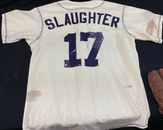 ASSORTED BASEBALL, MAJESTIC NY YANKEES SLAUGHTER #14 MEDIUM JERSEY, LOUISVILLE SLUGGER K55 DAVE WINFIELD SIGNED, SONNETT I4F GLOVE, 1950s WINSTON SALEM CARDINALS JIM NEUFELDT & OTHER PLAYER PICTURES
