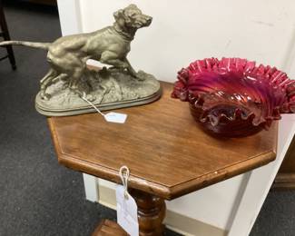 NICHOLAS MULLER CAST SPELTER HUNT DOG, RUFFLED EDGE CRANBERRY CANDY DISH, HEXAGON SIDE TABLE