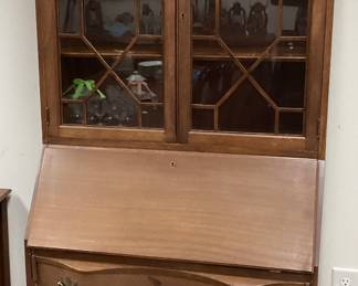 VTG. WALNUT BALL & CLAW DROP FRONT SECTRETARY w 2 GLASS DOOR CABINET