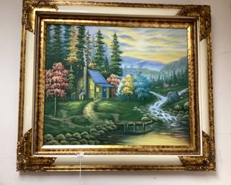 VINTAGE CABIN & RIVER STILL LIFE, OIL ON CANVAS FRAMED