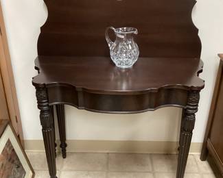 ANTIQUE SERPENTINE TOP ENGLISH CARD TABLE, CRYSTAL PITCHER
