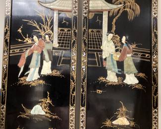 VTG. CHINESE LACQUER, MOTHER OF PEARL 2 PANEL WALL ART