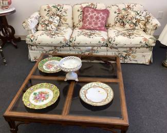 UPHOLSTERED SOFA, SMOKE GLASS COFFEE TABLE,