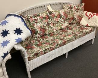 VINTAGE WICKER LOVE SEAT, VTG. HAND SPUN QUILTS