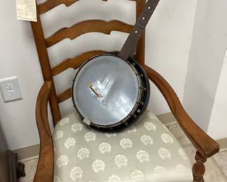 VINTAGE BANJO, LADDER BACK CHAIR