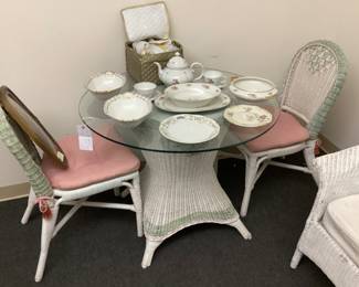 CLASSIC WICKER GLASS TOP TABLE & 2 CHAIRS, CHINA SET