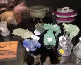 JADE ELEPHANT FIGUIRNES, VTG. PORCELAIN, GLASS