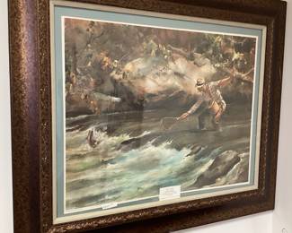 VINTAGE JAMES SESSIONS FISHERMAN TROUT STREAM ART, FRAMED