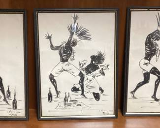 3 FRAMED AFRICAN DANCE ART BY LEON D RIO