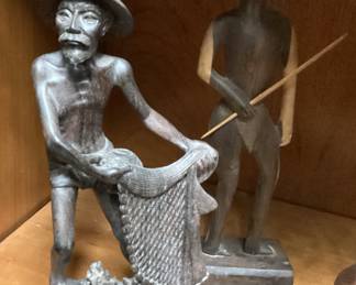 ANTIQUE HAND CARVED ORIENTAL FISHERMAN WITH NET